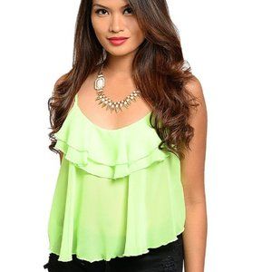 True Light Ladies Cami-Top Ruffle Solid Neon-Lime Scoop-Neck Size S  NWOT